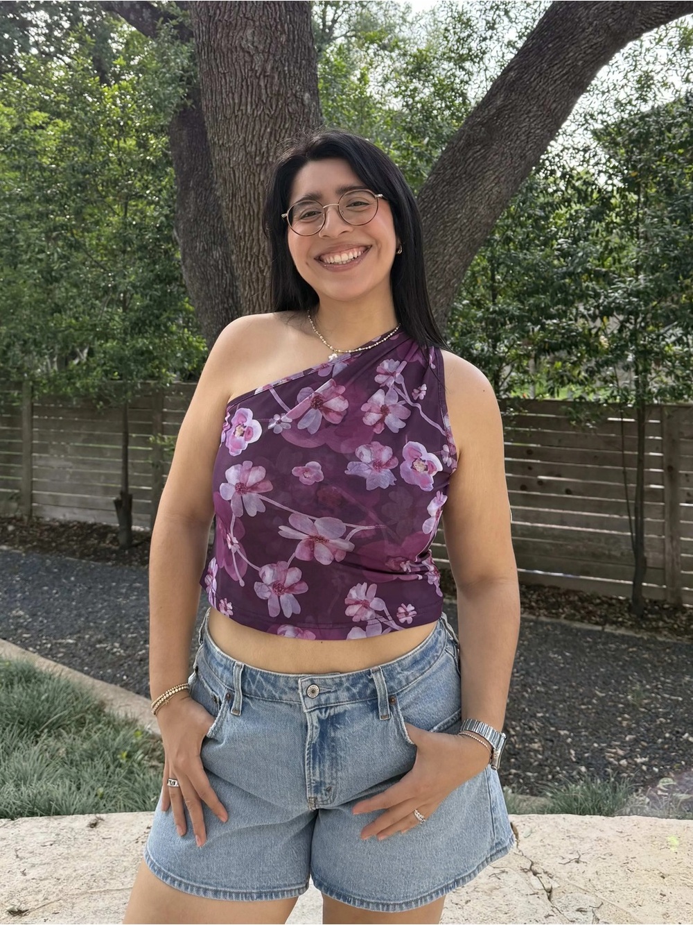One-Shoulder Purple Floral Crop Top